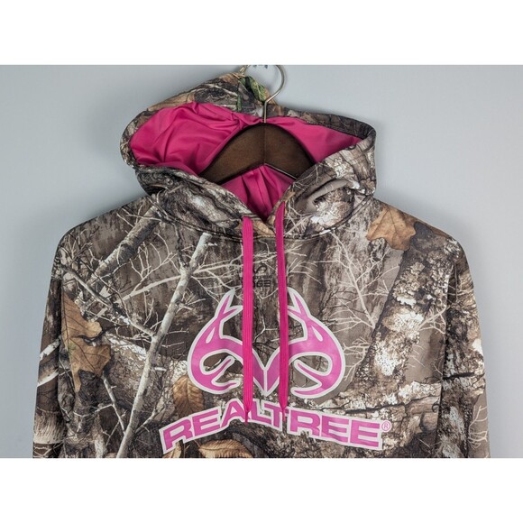 RealTree Women's XL 16-18 Performance Fleece Lined Hoodie Pink Camo Antler Print - Picture 2 of 13